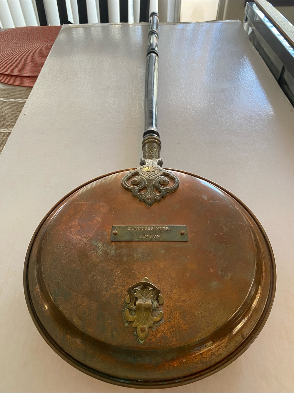 Vintage Claridges Hotel London Copper Brass Bed Warmer Pan Wood Handle